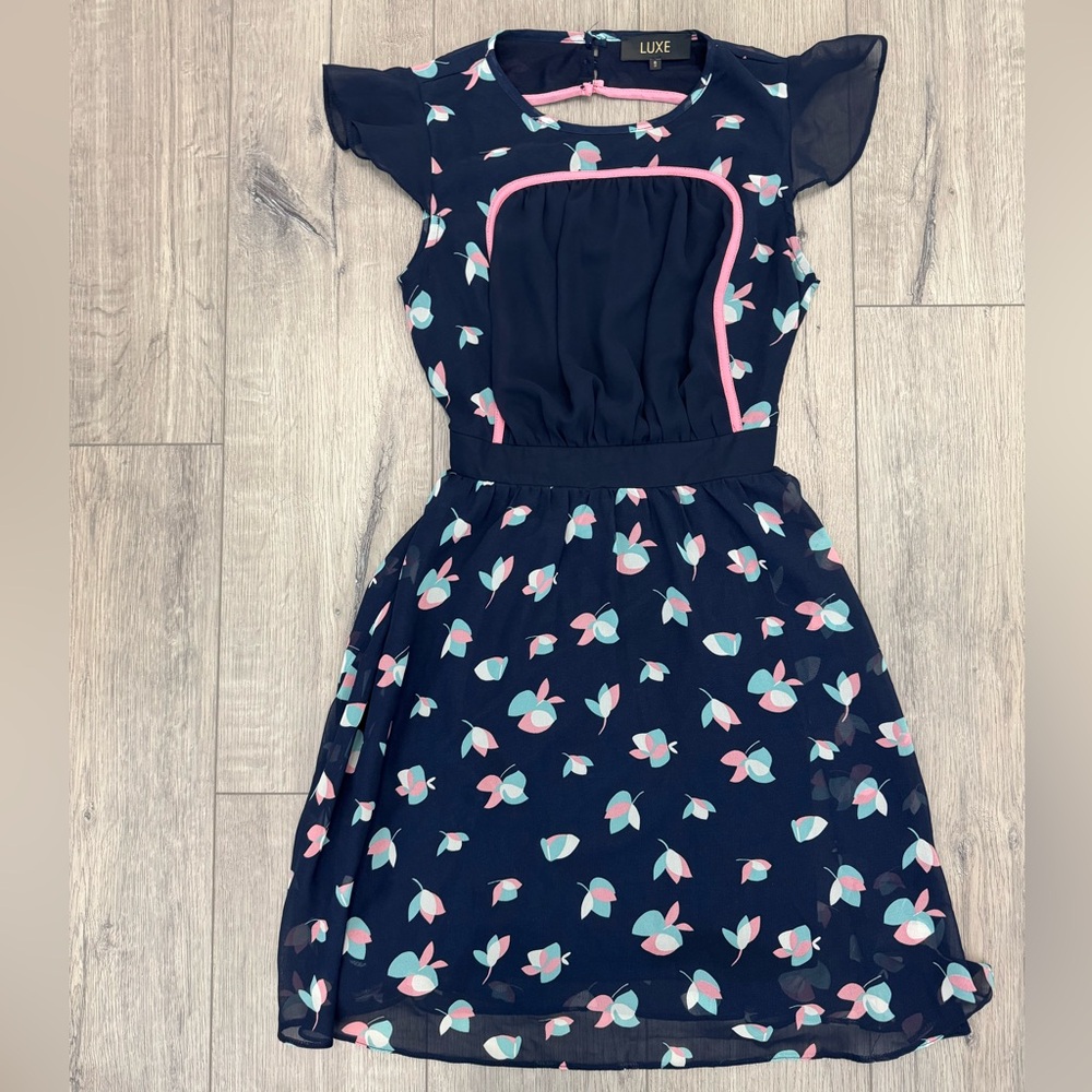 Luxe Navy Dress with Pink and Blue Floral Accents